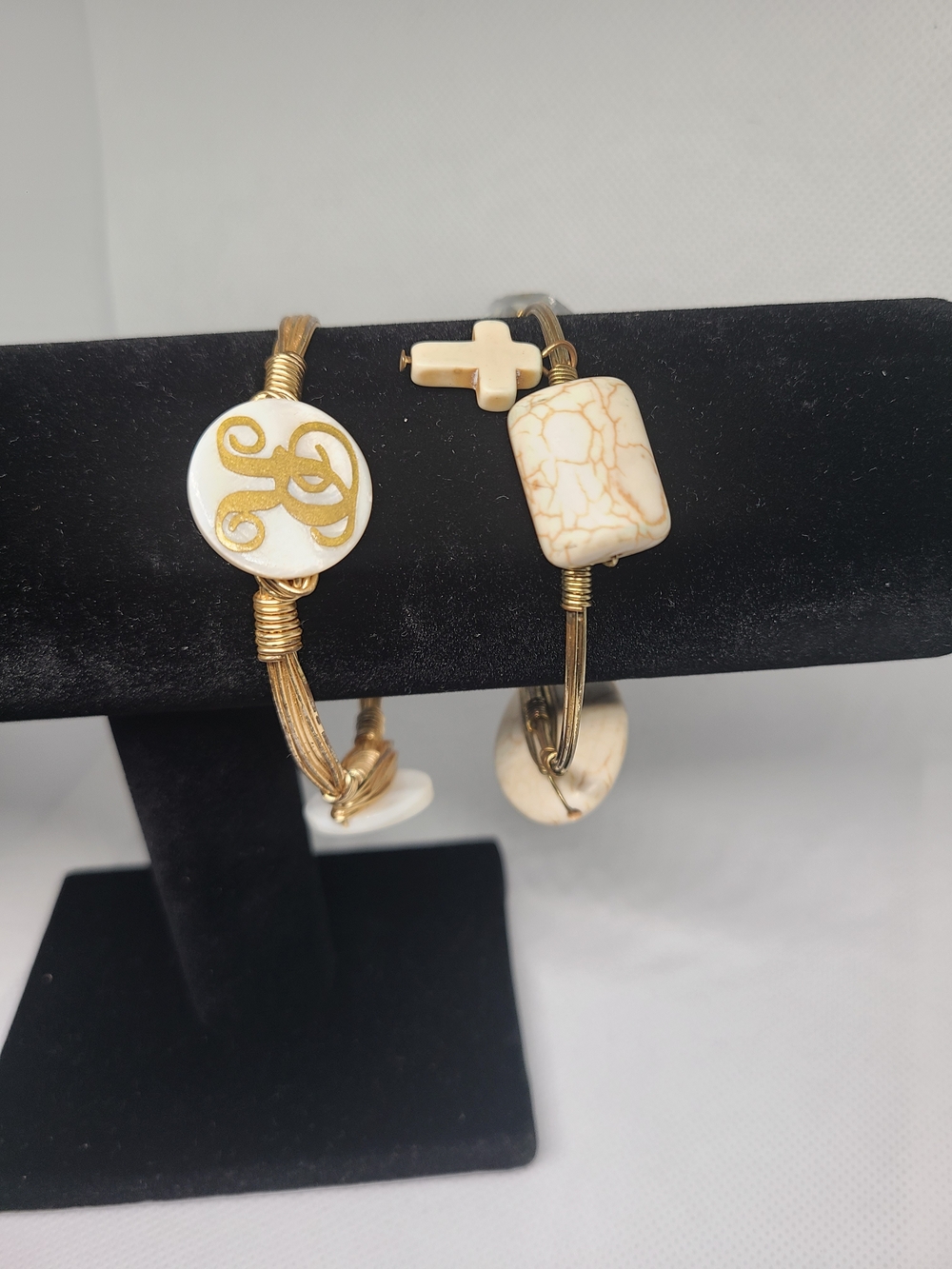 Bourbon & Boweties Style Monogram R Bangle & White Stone Cross Bracelet Lot